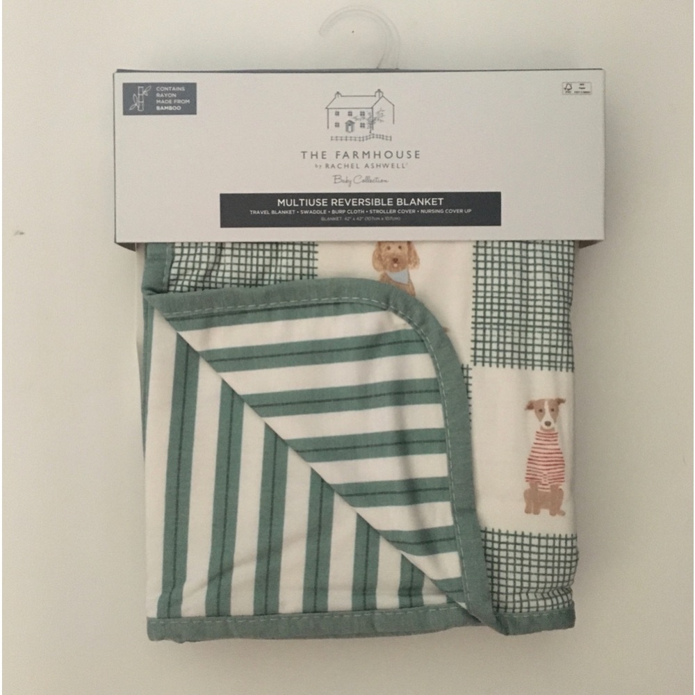 Baby Blanket Reversible Multi-use Green Stripes Puppy Dogs NEW | Rachel Ashwell
